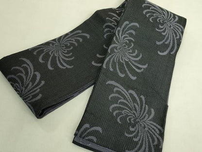 平和屋着物＊極上　夏物　両面　半幅帯　KUMIKYOKU　乱菊　黒地　DZAB9560kh6