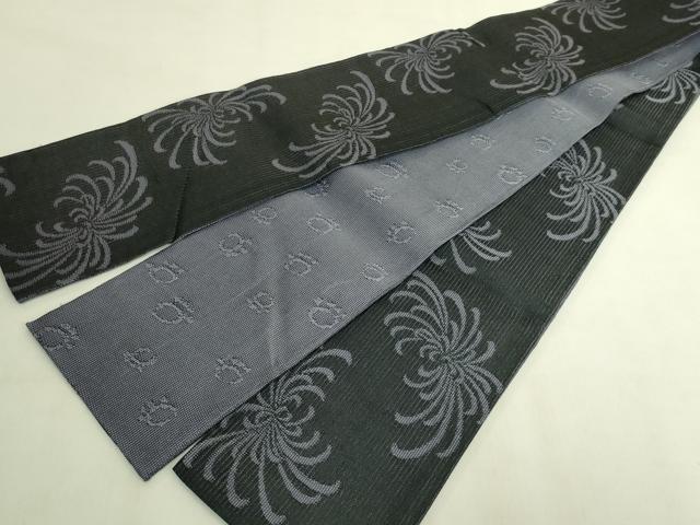 平和屋着物＊極上　夏物　両面　半幅帯　KUMIKYOKU　乱菊　黒地　DZAB9560kh6