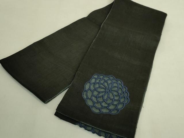 平和屋着物＊極上　夏物　半幅帯　刺繍　花　ドロンワーク　黒地　麻　逸品　DZAB9589kh6