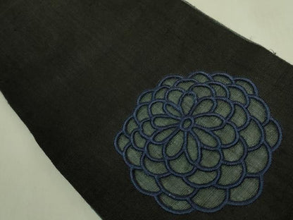 平和屋着物＊極上　夏物　半幅帯　刺繍　花　ドロンワーク　黒地　麻　逸品　DZAB9589kh6