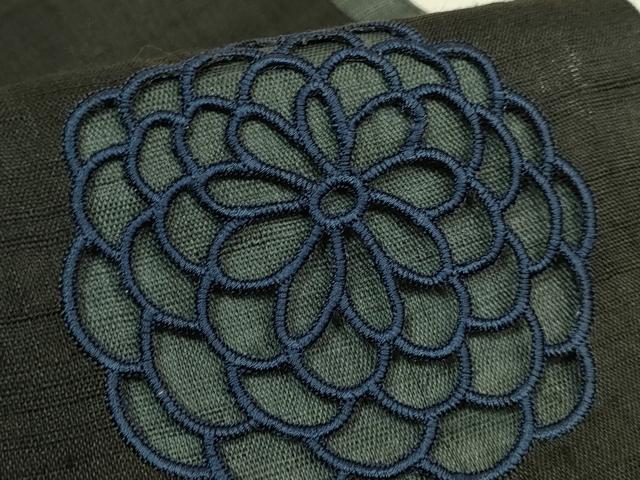 平和屋着物＊極上　夏物　半幅帯　刺繍　花　ドロンワーク　黒地　麻　逸品　DZAB9589kh6