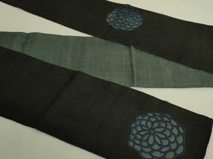 平和屋着物＊極上　夏物　半幅帯　刺繍　花　ドロンワーク　黒地　麻　逸品　DZAB9589kh6
