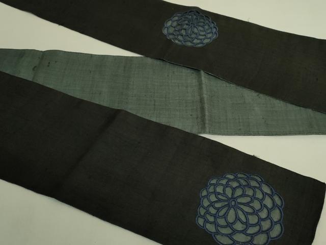 平和屋着物＊極上　夏物　半幅帯　刺繍　花　ドロンワーク　黒地　麻　逸品　DZAB9589kh6