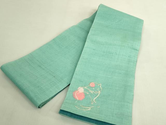 平和屋着物＊極上　夏物　半幅帯　刺繍　ワンポイント　ネコ　麻　逸品　DZAB9608kh6