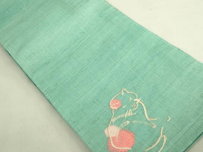 平和屋着物＊極上　夏物　半幅帯　刺繍　ワンポイント　ネコ　麻　逸品　DZAB9608kh6