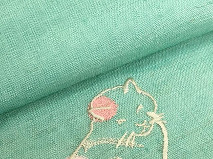平和屋着物＊極上　夏物　半幅帯　刺繍　ワンポイント　ネコ　麻　逸品　DZAB9608kh6