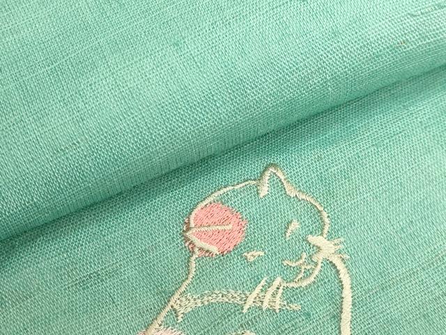 平和屋着物＊極上　夏物　半幅帯　刺繍　ワンポイント　ネコ　麻　逸品　DZAB9608kh6