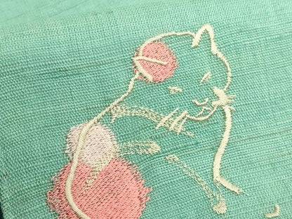 平和屋着物＊極上　夏物　半幅帯　刺繍　ワンポイント　ネコ　麻　逸品　DZAB9608kh6