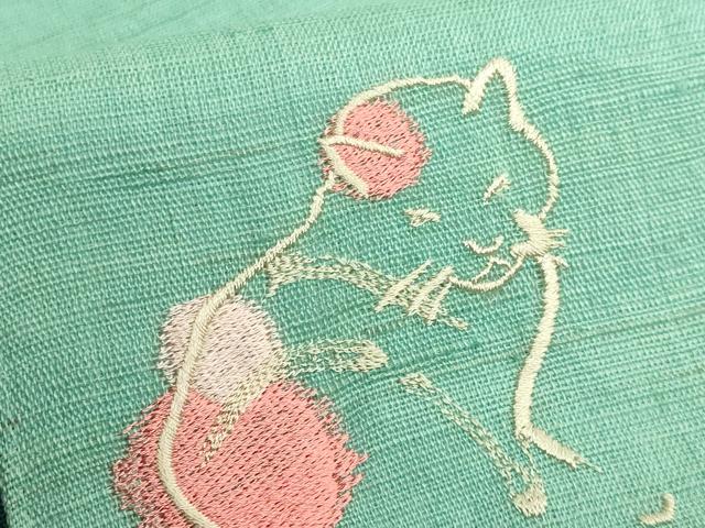 平和屋着物＊極上　夏物　半幅帯　刺繍　ワンポイント　ネコ　麻　逸品　DZAB9608kh6