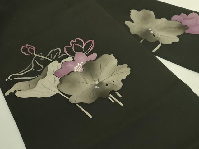 平和屋本店●極上　京都祇園の老舗　ぎをん齋藤　塩瀬　九寸名古屋帯　刺繍　蓮　黒地　たとう紙付き　逸品　DZAB9634kh6