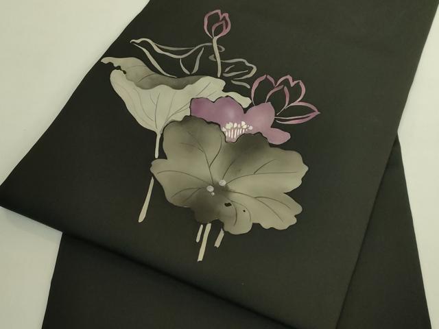 平和屋本店●極上　京都祇園の老舗　ぎをん齋藤　塩瀬　九寸名古屋帯　刺繍　蓮　黒地　たとう紙付き　逸品　DZAB9634kh6