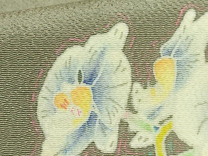 平和屋着物●極上　本加賀友禅作家　由水煌人　九寸名古屋帯　胡蝶蘭　青白橡色地　鬼しぼ縮緬　逸品　DZAB9636kh6