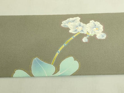 平和屋着物●極上　本加賀友禅作家　由水煌人　九寸名古屋帯　胡蝶蘭　青白橡色地　鬼しぼ縮緬　逸品　DZAB9636kh6