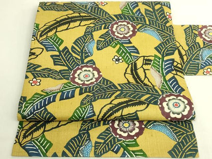 平和屋着物●極上　本場琉球紅型　九寸名古屋帯　紬地　芭蕉花文　逸品　DZAB9645kh6