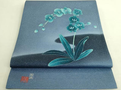 平和屋着物●極上　国際的伝統工芸作家　十二代・藤林徳扇　苑寿　太鼓柄袋帯　胡蝶蘭　銀通し地　逸品　DZAB9649kh6