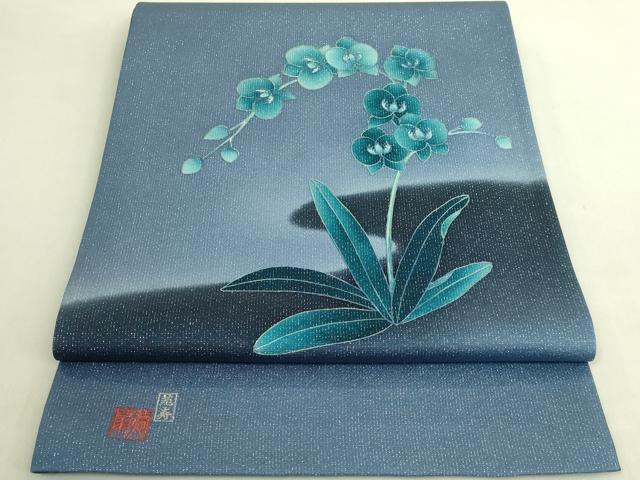平和屋着物●極上　国際的伝統工芸作家　十二代・藤林徳扇　苑寿　太鼓柄袋帯　胡蝶蘭　銀通し地　逸品　DZAB9649kh6