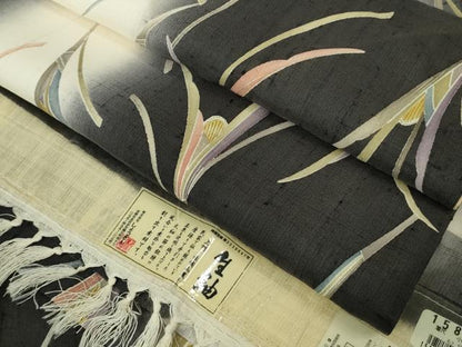 平和屋本店●極上　染織の名門　しょうざん  生紬　草花文　証紙付き　逸品　DZAB9652kh6