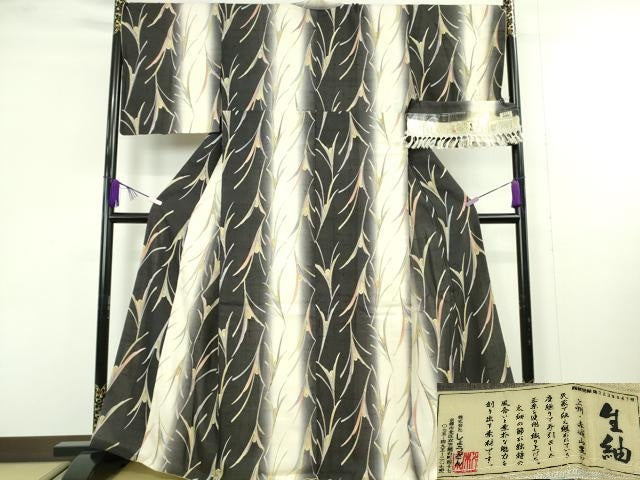 平和屋本店●極上　染織の名門　しょうざん  生紬　草花文　証紙付き　逸品　DZAB9652kh6