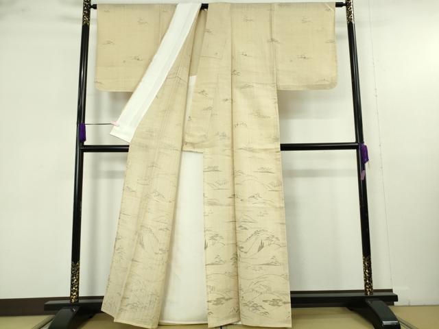 平和屋着物▽極上　結城紬　訪問着　単衣　手描き　風景文　枯色地　証紙付き　逸品　未使用　DZAB9658kh6