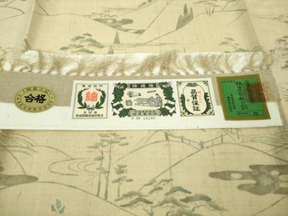平和屋着物▽極上　結城紬　訪問着　単衣　手描き　風景文　枯色地　証紙付き　逸品　未使用　DZAB9658kh6