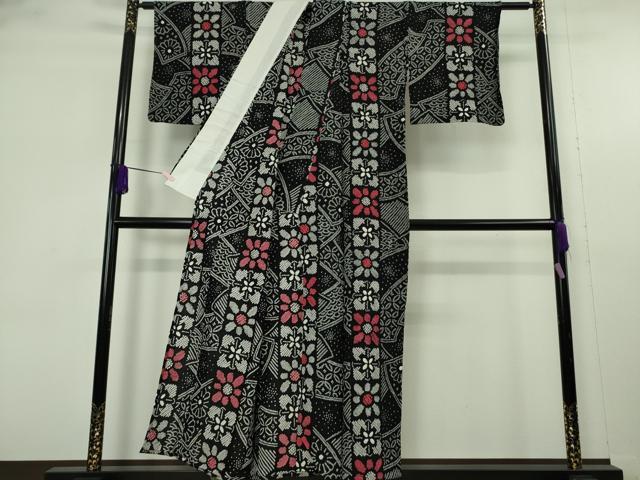 平和屋着物∴極上　夏物　浴衣　有松鳴海絞り　花間道　黒地　綿　逸品　DZAB9671kh6