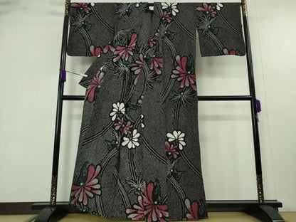 平和屋着物∴極上　夏物　浴衣　有松鳴海絞り　舞菊文　黒地　綿　逸品　DZAB9672kh6