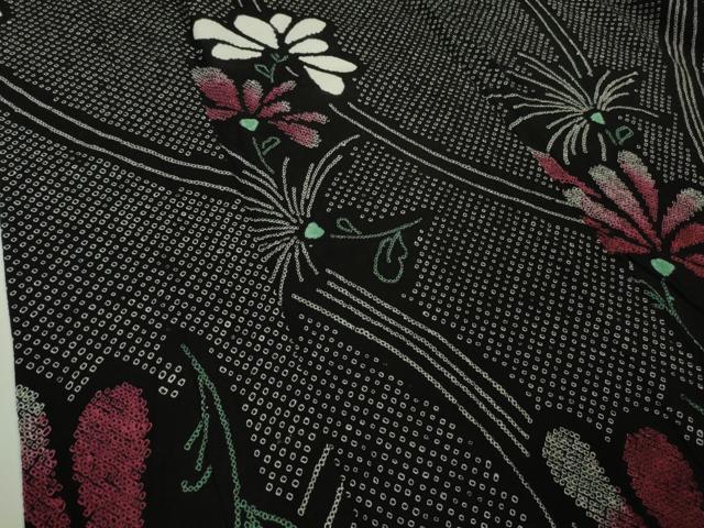 平和屋着物∴極上　夏物　浴衣　有松鳴海絞り　舞菊文　黒地　綿　逸品　DZAB9672kh6