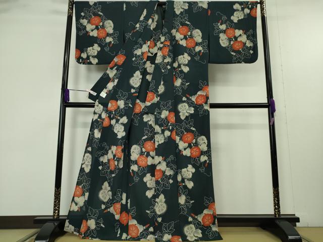 平和屋着物∴極上　夏物　撫松庵　小紋・浴衣兼用　セオアルファ　朝顔　百入茶色地　洗える着物　逸品　DZAB9680kh6