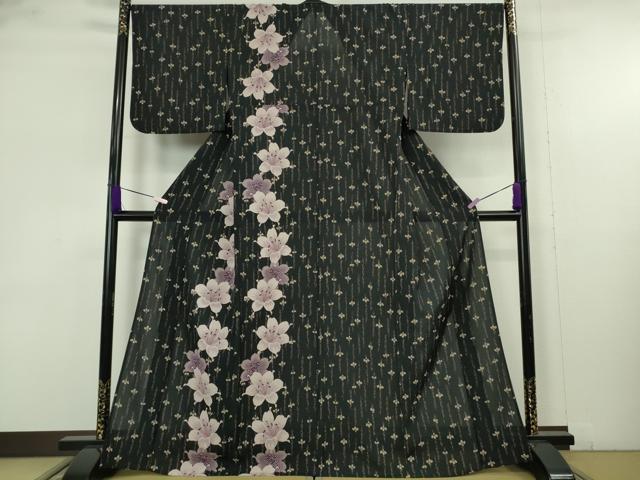 平和屋着物∴極上　夏物　撫松庵　訪問着　浴衣　セオアルファ　百合　黒地　洗える着物　逸品　DZAB9686kh6