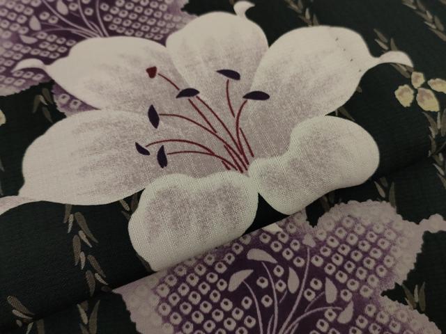 平和屋着物∴極上　夏物　撫松庵　訪問着　浴衣　セオアルファ　百合　黒地　洗える着物　逸品　DZAB9686kh6