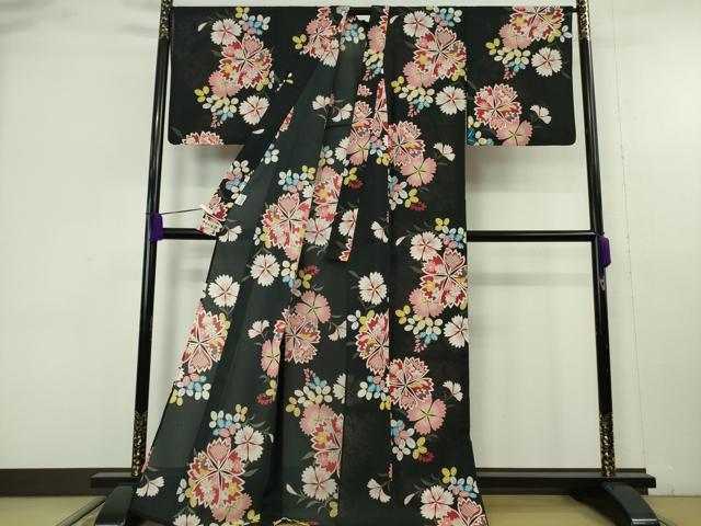 平和屋着物∴極上　夏物　小紋・浴衣兼用　紅梅織　きもの道楽　セオアルファ　舞花文　黒地　逸品　DZAB9687kh6