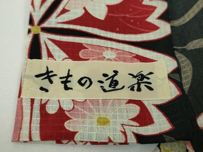 平和屋着物∴極上　夏物　小紋・浴衣兼用　紅梅織　きもの道楽　セオアルファ　舞花文　黒地　逸品　DZAB9687kh6