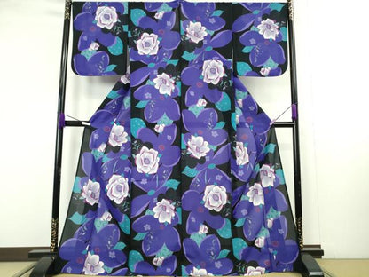 平和屋着物∴極上　夏物　ANNASUI　浴衣　紅梅織　舞花文　黒地　洗える着物　逸品　DZAB9689kh6