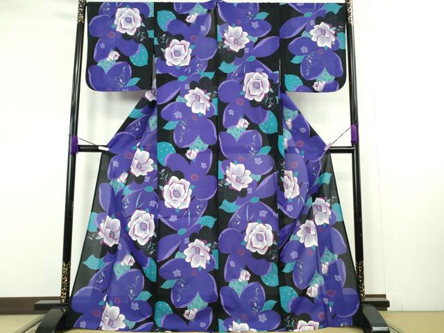 平和屋着物∴極上　夏物　ANNASUI　浴衣　紅梅織　舞花文　黒地　洗える着物　逸品　DZAB9689kh6