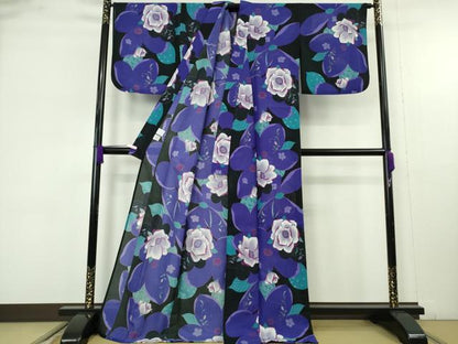 平和屋着物∴極上　夏物　ANNASUI　浴衣　紅梅織　舞花文　黒地　洗える着物　逸品　DZAB9689kh6