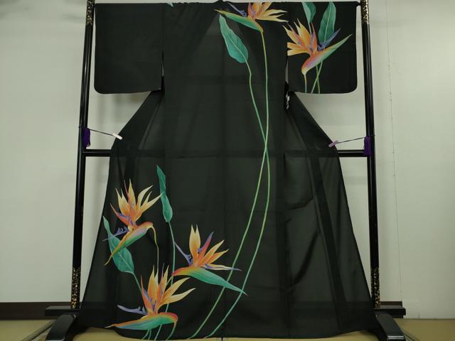 平和屋着物∴極上　撫松庵　訪問着　浴衣　セオアルファ　枝葉文　黒地　洗える着物　逸品　未使用　DZAB9690kh6