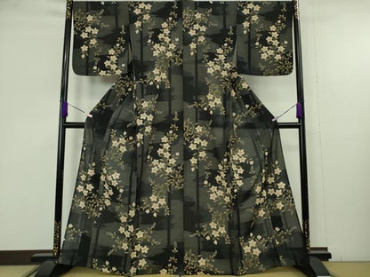 平和屋着物∴極上　夏物　こむさでもーど・COMME CA DU MODE　小紋・浴衣兼用　草花文　黒地　洗える着物　逸品　DZAB9691kh6