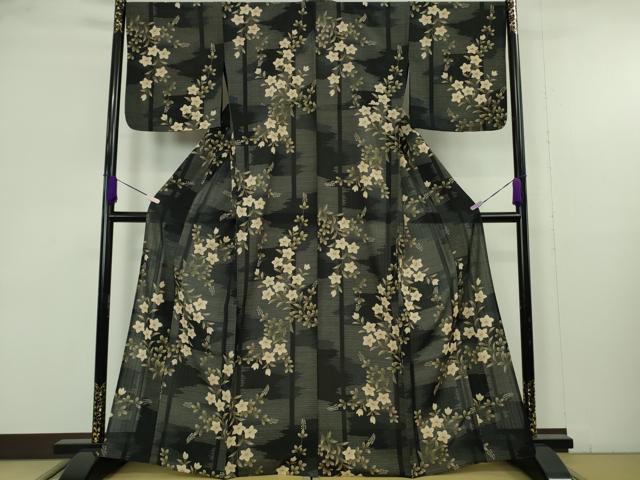 平和屋着物∴極上　夏物　こむさでもーど・COMME CA DU MODE　小紋・浴衣兼用　草花文　黒地　洗える着物　逸品　DZAB9691kh6