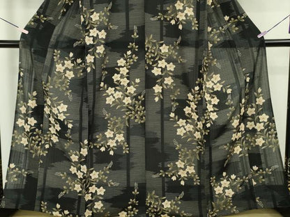 平和屋着物∴極上　夏物　こむさでもーど・COMME CA DU MODE　小紋・浴衣兼用　草花文　黒地　洗える着物　逸品　DZAB9691kh6