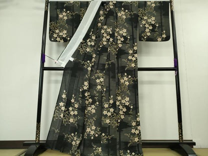 平和屋着物∴極上　夏物　こむさでもーど・COMME CA DU MODE　小紋・浴衣兼用　草花文　黒地　洗える着物　逸品　DZAB9691kh6