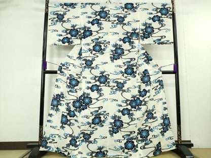 平和屋着物∴極上　夏物　小紋・浴衣兼用　セオアルファ　藍　型染　流水花文　洗える着物　逸品　DZAB9693kh6