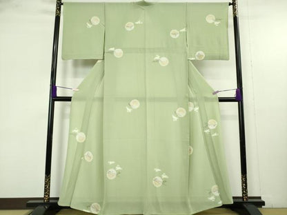 平和屋着物＊極上　夏物　小紋　絽縮緬　月兎　立波　若葉色地　逸品　DZAB9694kh6
