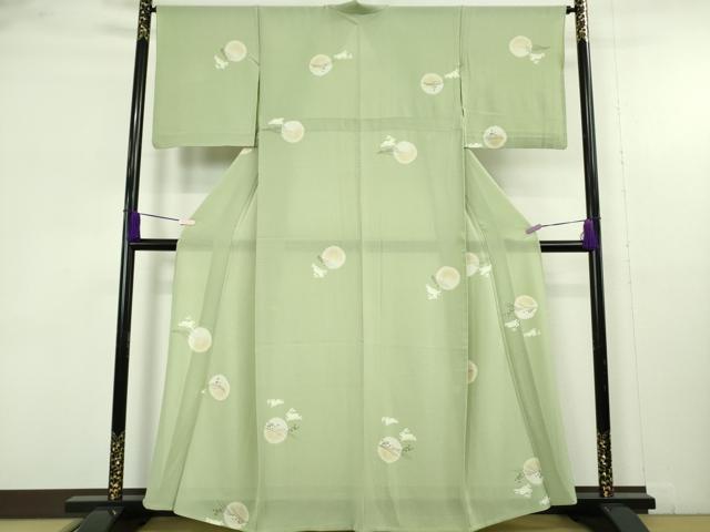平和屋着物＊極上　夏物　小紋　絽縮緬　月兎　立波　若葉色地　逸品　DZAB9694kh6