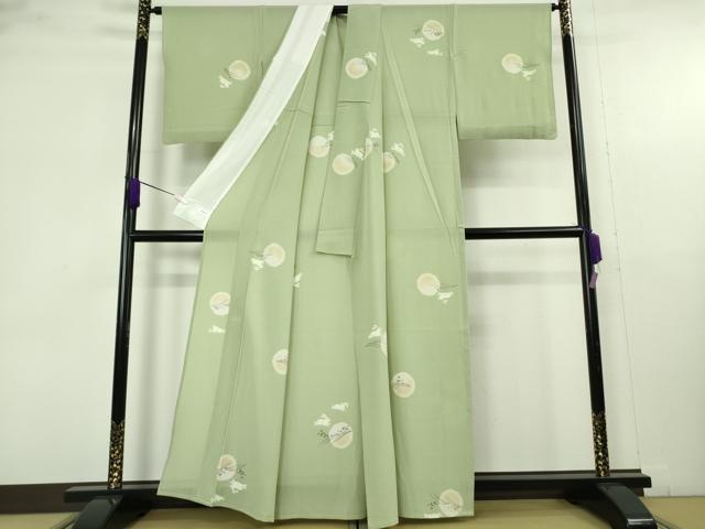 平和屋着物＊極上　夏物　小紋　絽縮緬　月兎　立波　若葉色地　逸品　DZAB9694kh6