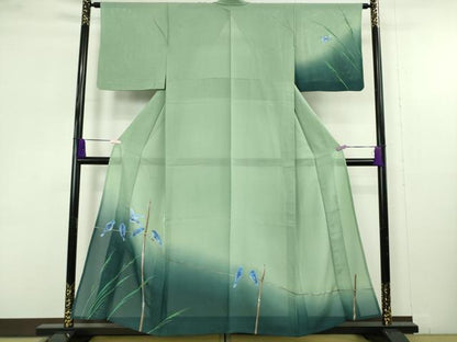 平和屋着物＊極上　夏物　訪問着　絽　手描き　青い鳥　ブルーバード　山葵色地　暈し染め　銀通し地　逸品　DZAB9695kh6