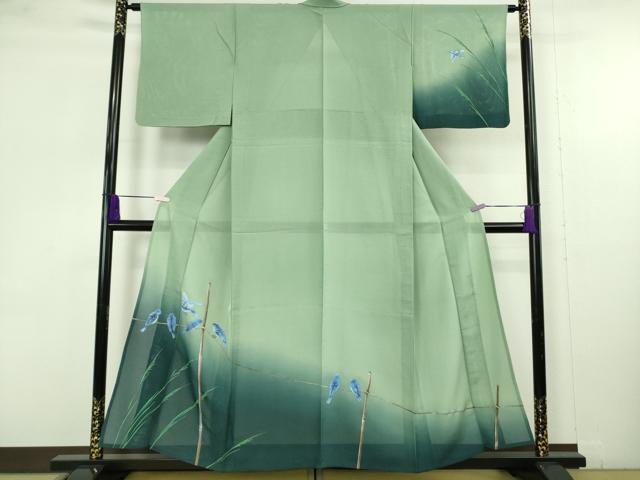 平和屋着物＊極上　夏物　訪問着　絽　手描き　青い鳥　ブルーバード　山葵色地　暈し染め　銀通し地　逸品　DZAB9695kh6