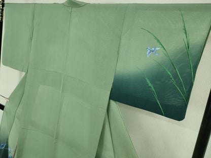 平和屋着物＊極上　夏物　訪問着　絽　手描き　青い鳥　ブルーバード　山葵色地　暈し染め　銀通し地　逸品　DZAB9695kh6