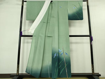 平和屋着物＊極上　夏物　訪問着　絽　手描き　青い鳥　ブルーバード　山葵色地　暈し染め　銀通し地　逸品　DZAB9695kh6