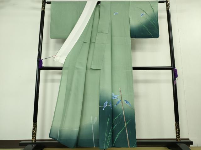平和屋着物＊極上　夏物　訪問着　絽　手描き　青い鳥　ブルーバード　山葵色地　暈し染め　銀通し地　逸品　DZAB9695kh6