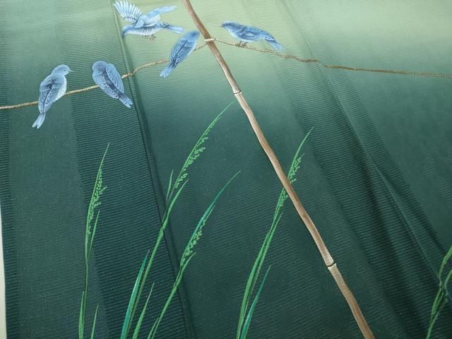 平和屋着物＊極上　夏物　訪問着　絽　手描き　青い鳥　ブルーバード　山葵色地　暈し染め　銀通し地　逸品　DZAB9695kh6